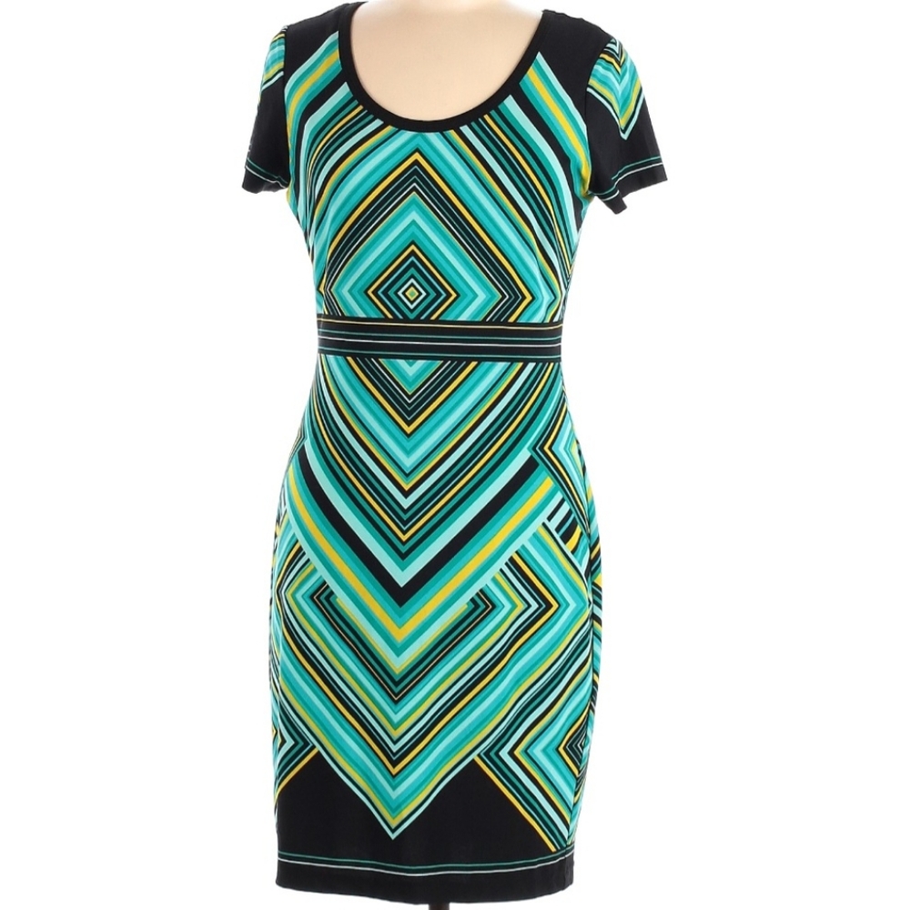 Calvin Klein Black Teal Striped Geo Midi Dress